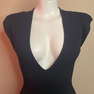 Windsor deep V front fitted ribbed sweater sleeveless cocktail dress L NWT!